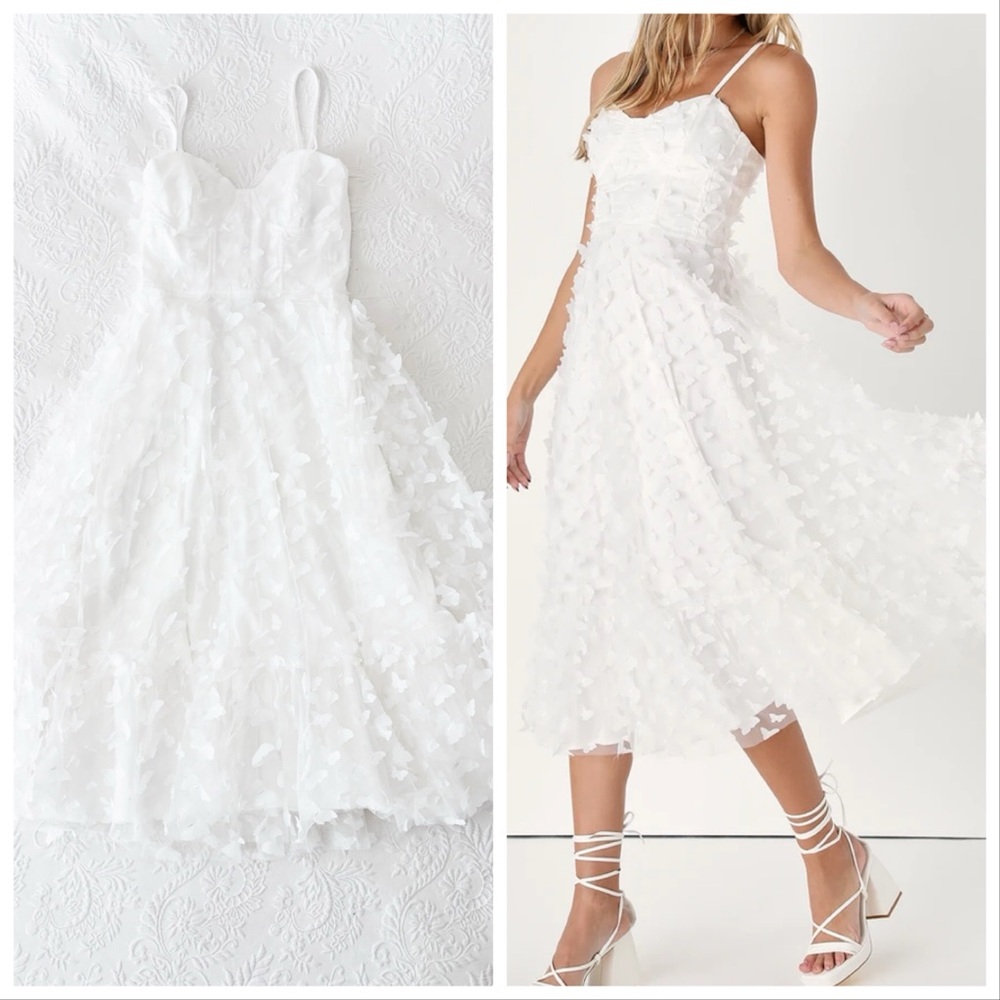 Lulu's Time To Fly White Butterfly Lace-Up Midi Dress